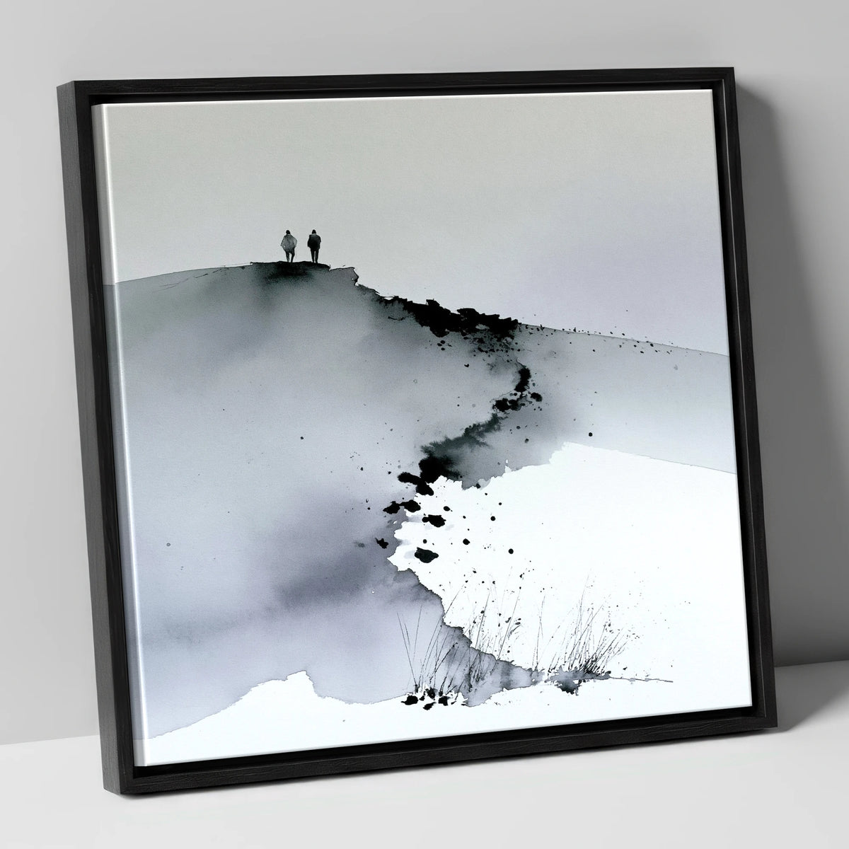 Monochrome Fell Top Hikers lake district fell canvas wall art in black frame