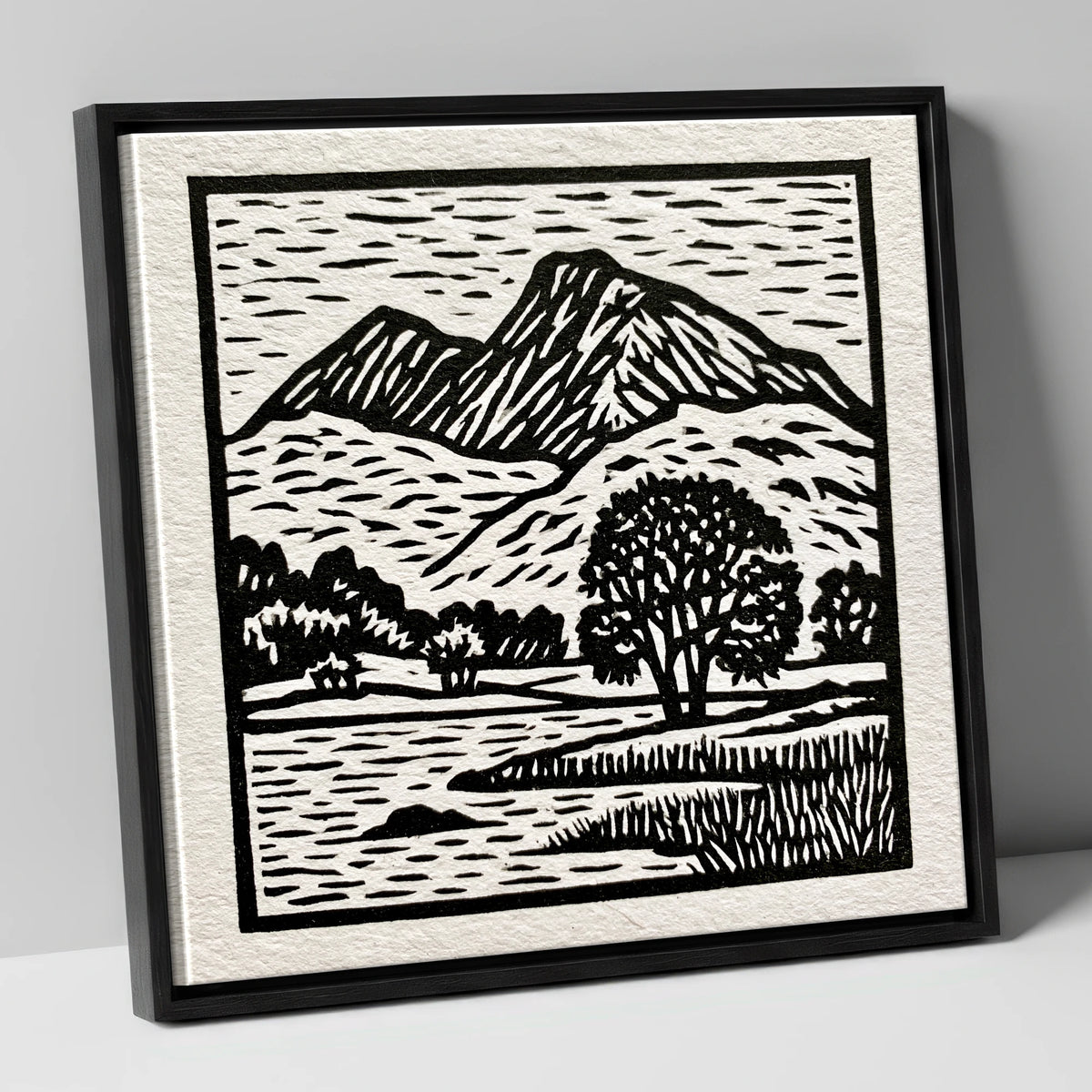 Monochrome Fells Over Grasmere lake district lake canvas wall art in black frame