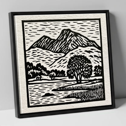 Monochrome Fells Over Grasmere lake district lake canvas wall art in black frame