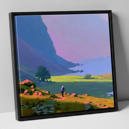 Lone Hiker Beneath Indigo Fells lake district walking canvas wall art in black frame
