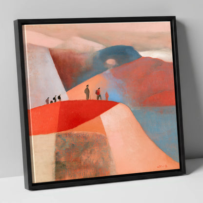 Hikers on a Terracotta Ridge lake district fell canvas wall art in black frame