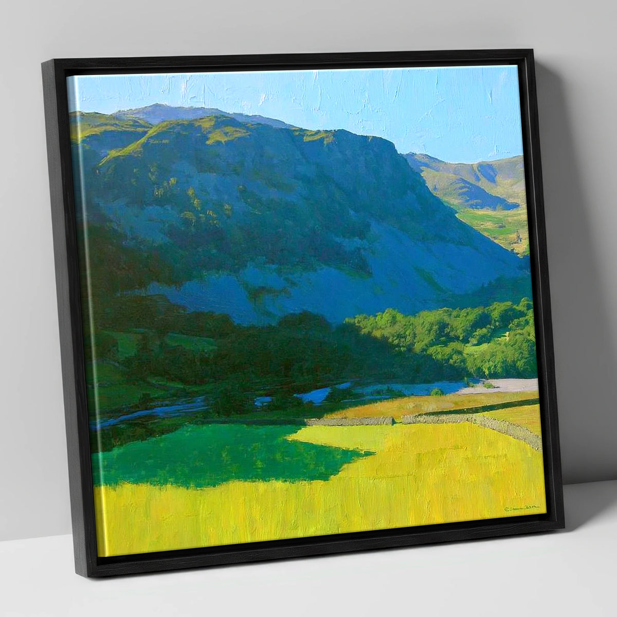 Arnison Crag Over Sunlit Fields lake district fell canvas wall art in black frame
