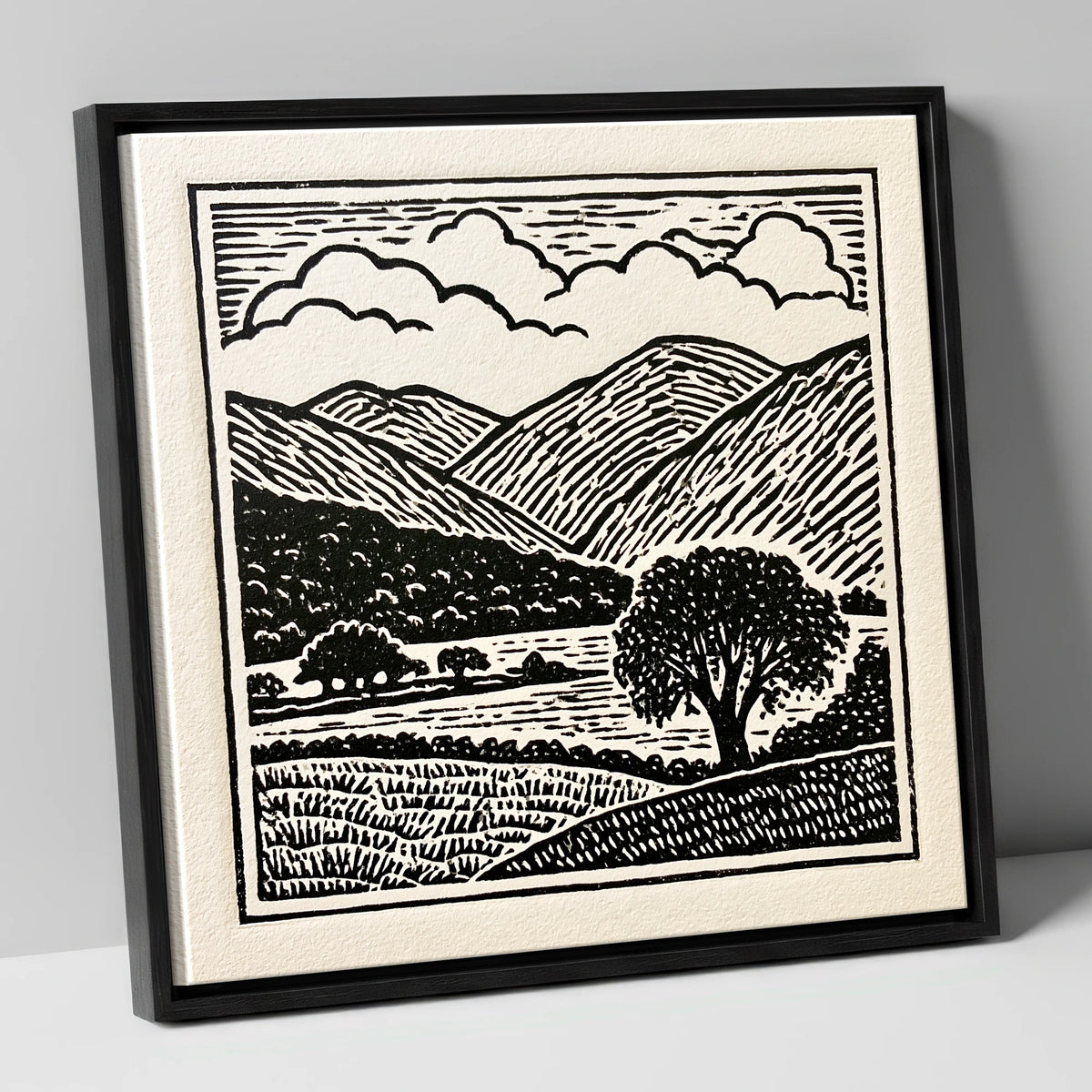 Borrowdale Fells In Striking Monochrome lake district valley canvas wall art in black frame