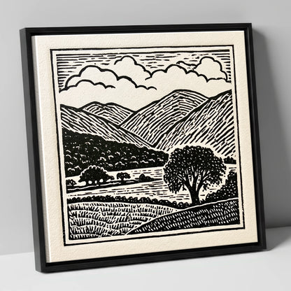 Borrowdale Fells In Striking Monochrome lake district valley canvas wall art in black frame