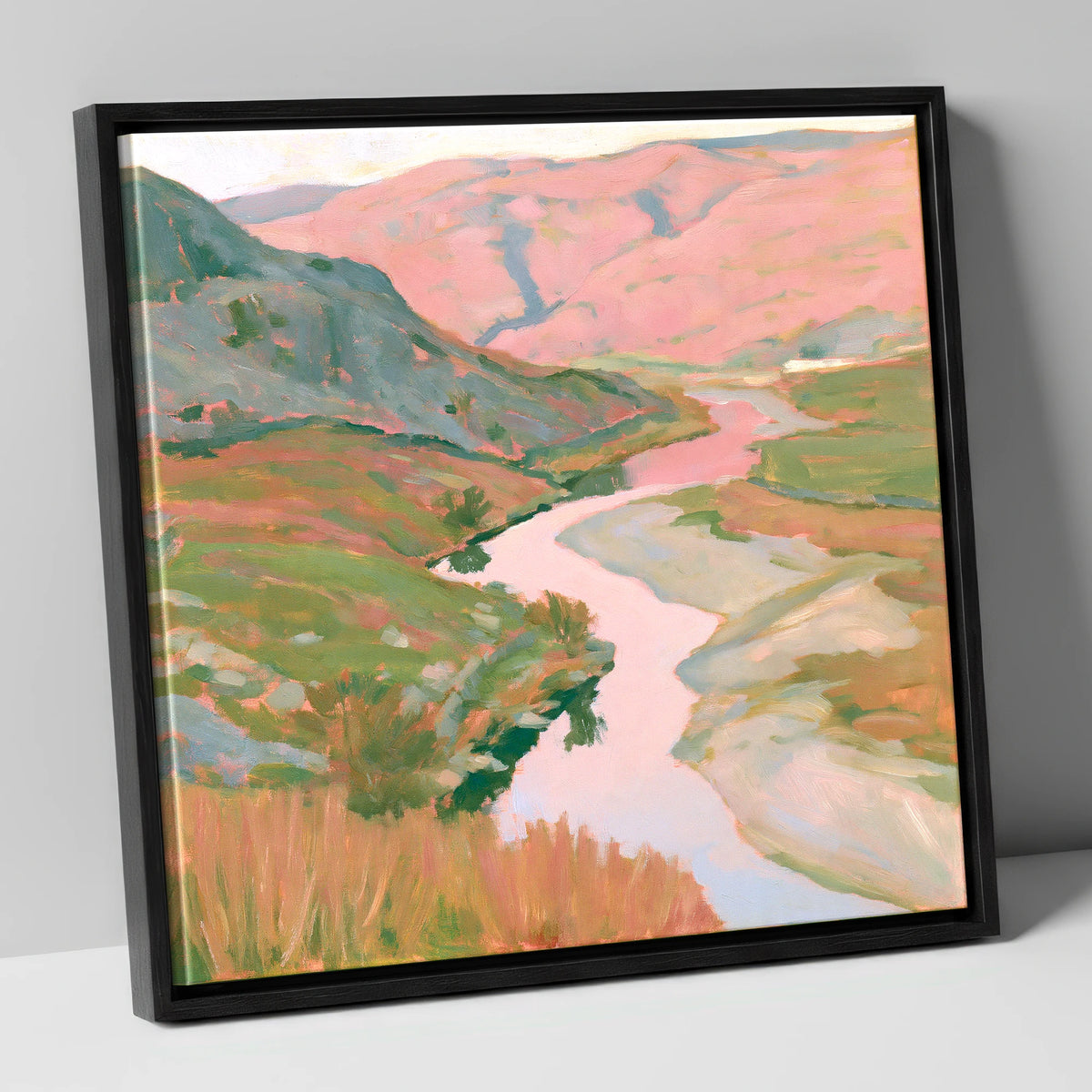 Pastel Light Over Valley River lake district waterfall canvas wall art in black frame