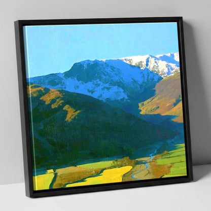 Snowy Glaramara Over Winding River lake district fell canvas wall art in black frame