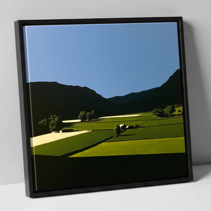 Sunlit Patchwork Fields in a Dale lake district valley canvas wall art in black frame