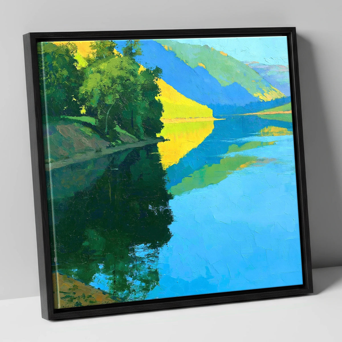 Sunlit Fells Reflecting in Cerulean Water lake district lake canvas wall art in black frame