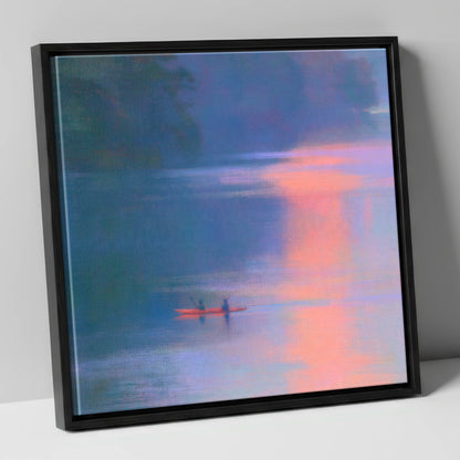 Lake Kayaking in Pink Evening Light lake district walking canvas wall art in black frame