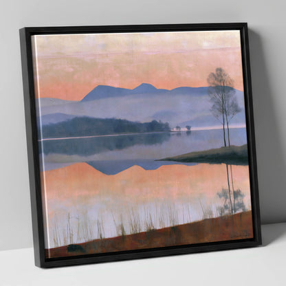 Still Lake at Pastel Dawn lake district lake canvas wall art in black frame