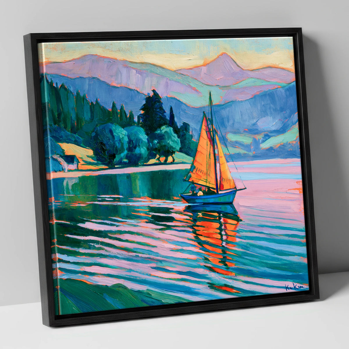 Orange Sails Below the Fells lake district walking canvas wall art in black frame