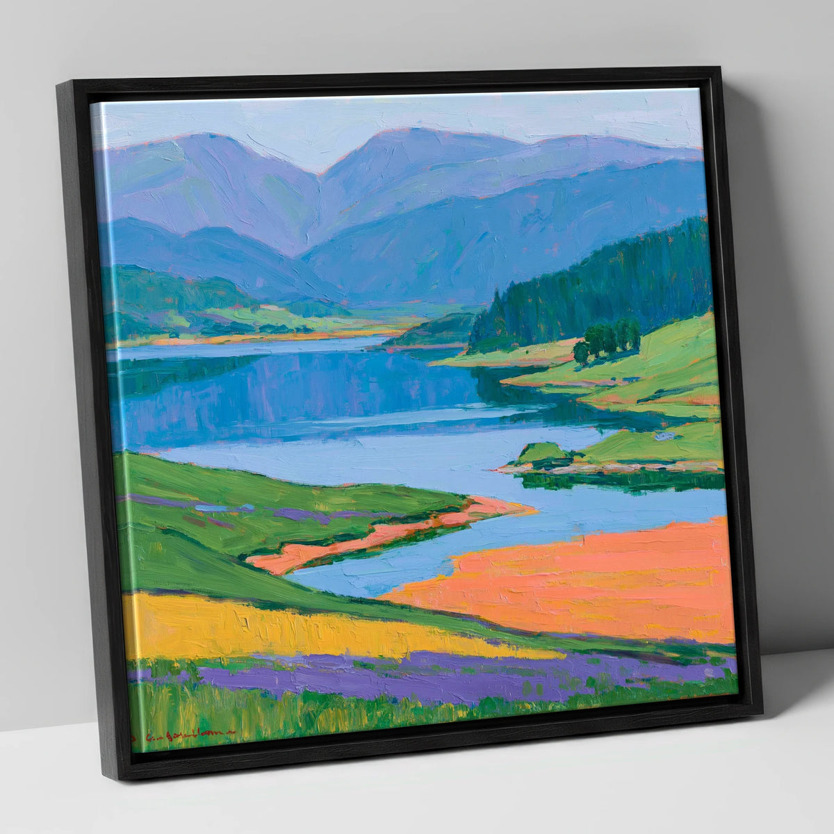 Vibrant Lake and Violet Fells lake district lake canvas wall art in black frame