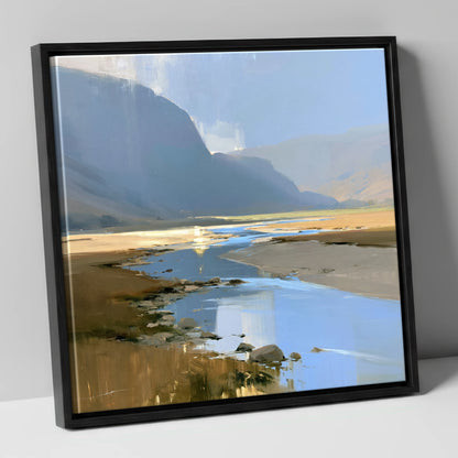 River Through Sunlit Valley lake district waterfall canvas wall art in black frame