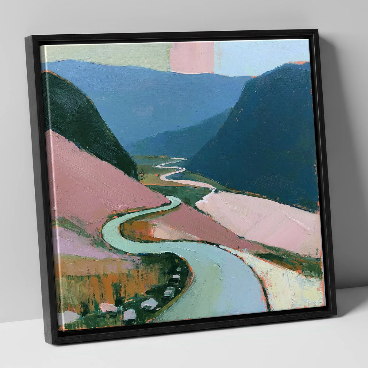 Mountain Pass in Blush and Teal lake district valley canvas wall art in black frame