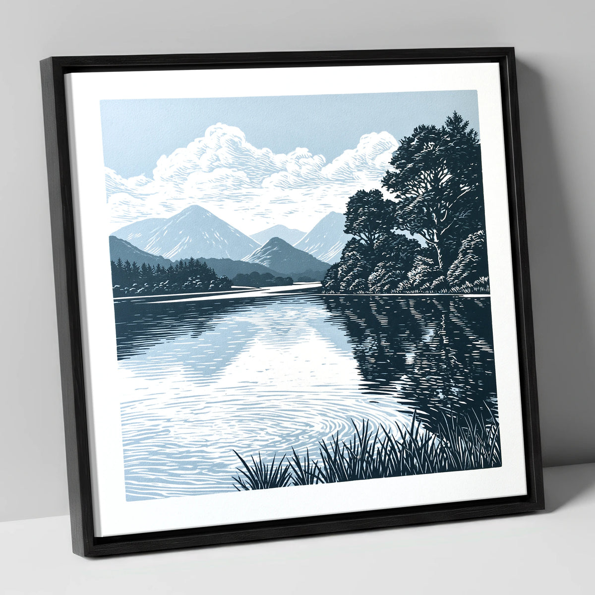 Navy Blue Lake Reflections lake district lake canvas wall art in black frame