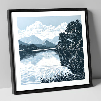 Navy Blue Lake Reflections lake district lake canvas wall art in black frame