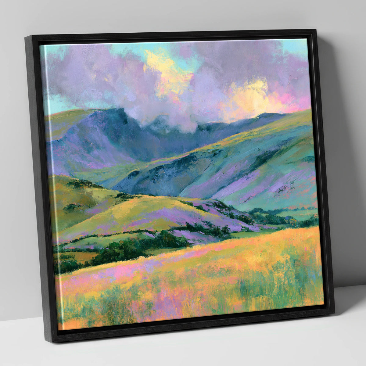 Lavender and Gold Rolling Fells lake district fell canvas wall art in black frame