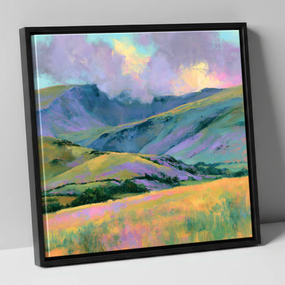 Lavender and Gold Rolling Fells lake district fell canvas wall art in black frame