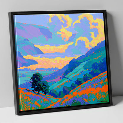 Vibrant Morning Valley Mist lake district sky canvas wall art in black frame