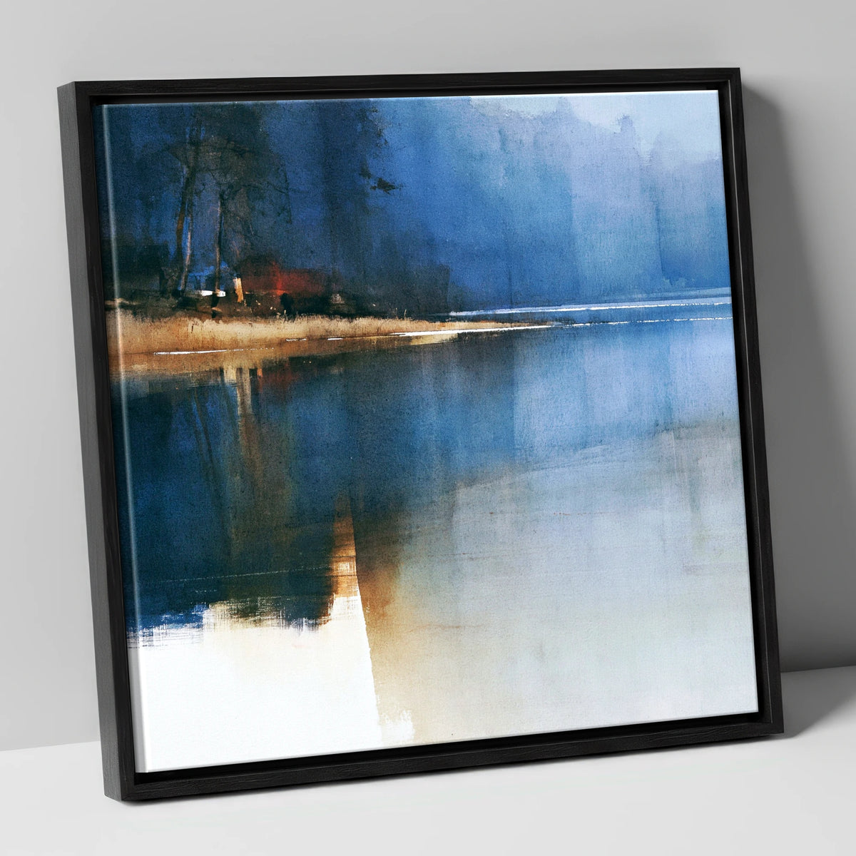 Moody Blue Calm Lake Reflections lake district lake canvas wall art in black frame