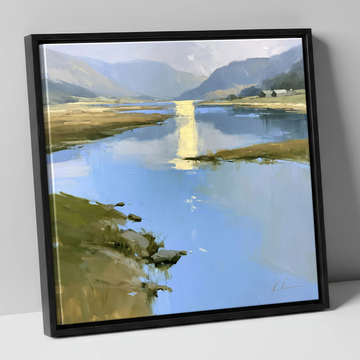 Golden Reflection on the Lake lake district lake canvas wall art in black frame
