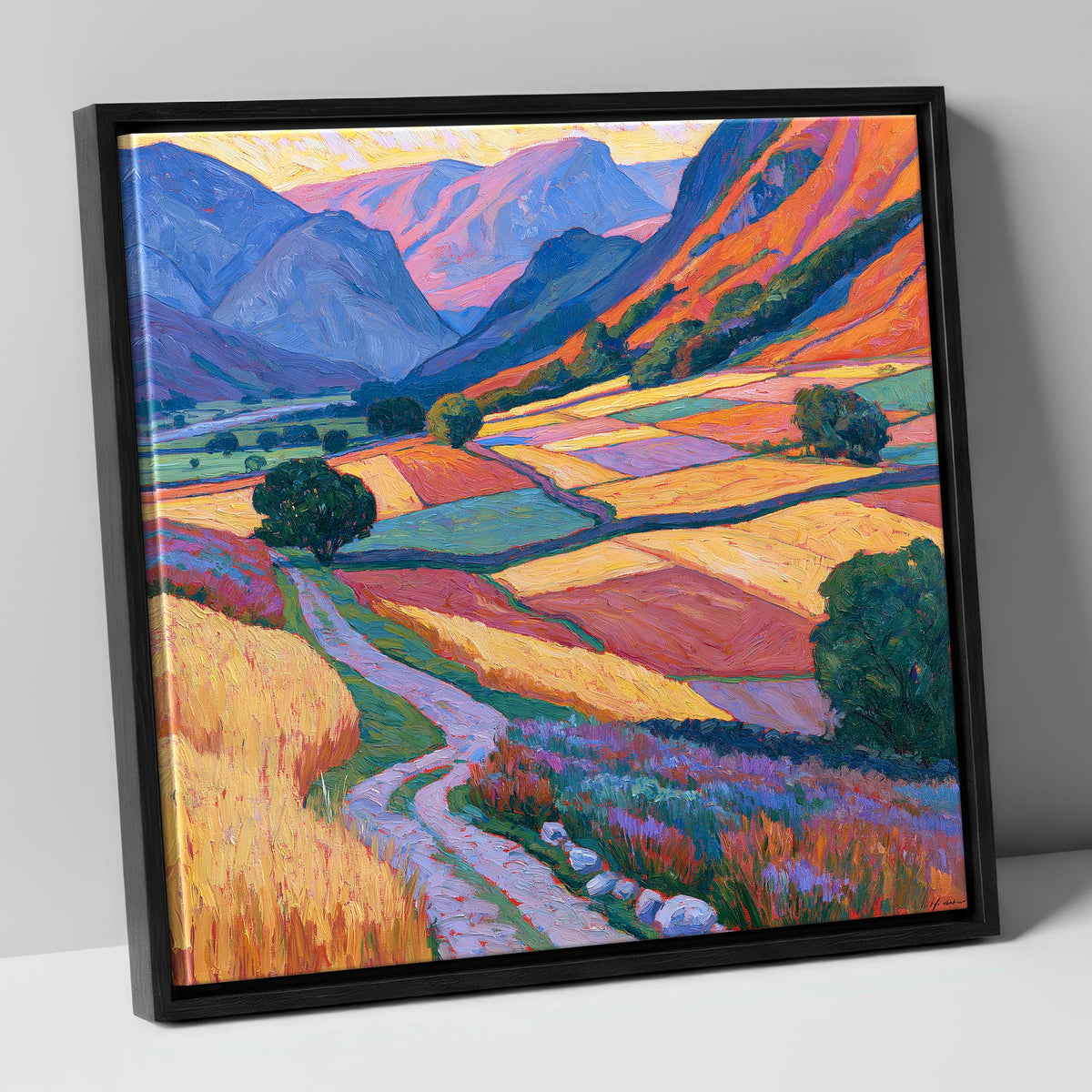 Vivid Patchwork Fields in the Dale lake district valley canvas wall art in black frame