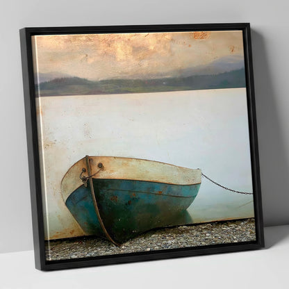 Grounded Boat on Misty Windermere lake district lake canvas wall art in black frame