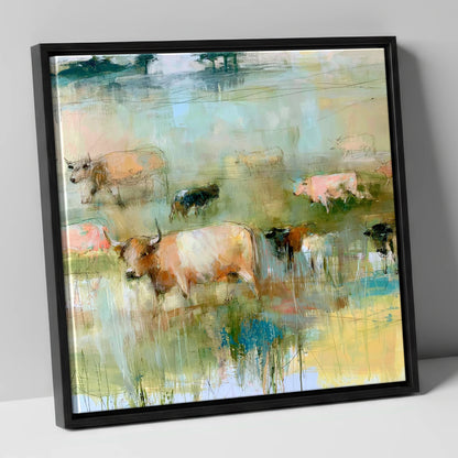 Highland Cattle in Pastel Washes lake district wildlife canvas wall art in black frame