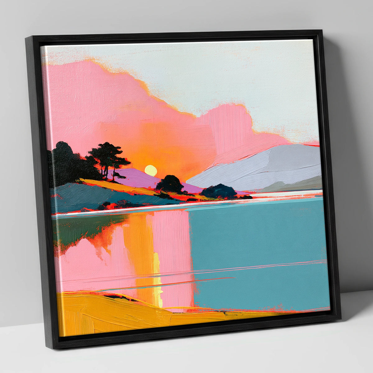 Pink Sunset Over Lake Water lake district lake canvas wall art in black frame