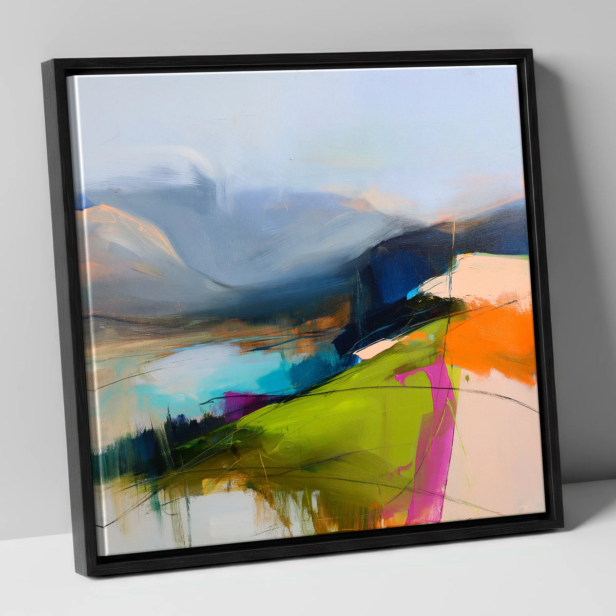 Vibrant Fell Summit View lake district fell canvas wall art in black frame