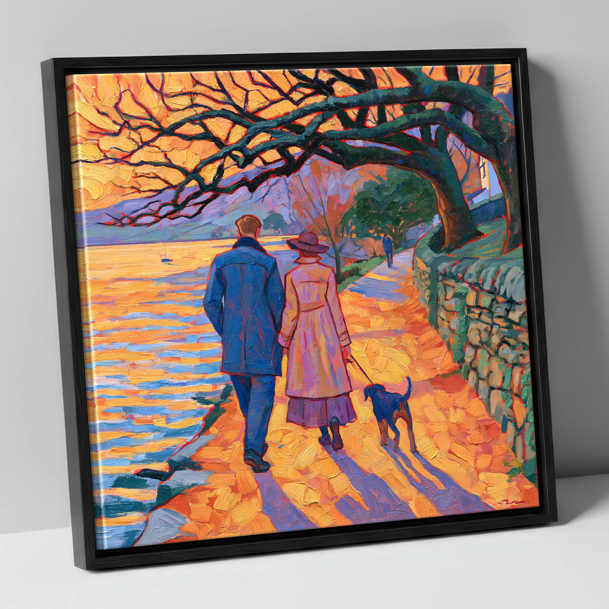 Sunset Dog Walk at Hawkshead gifts for dog walkers canvas wall art in black frame