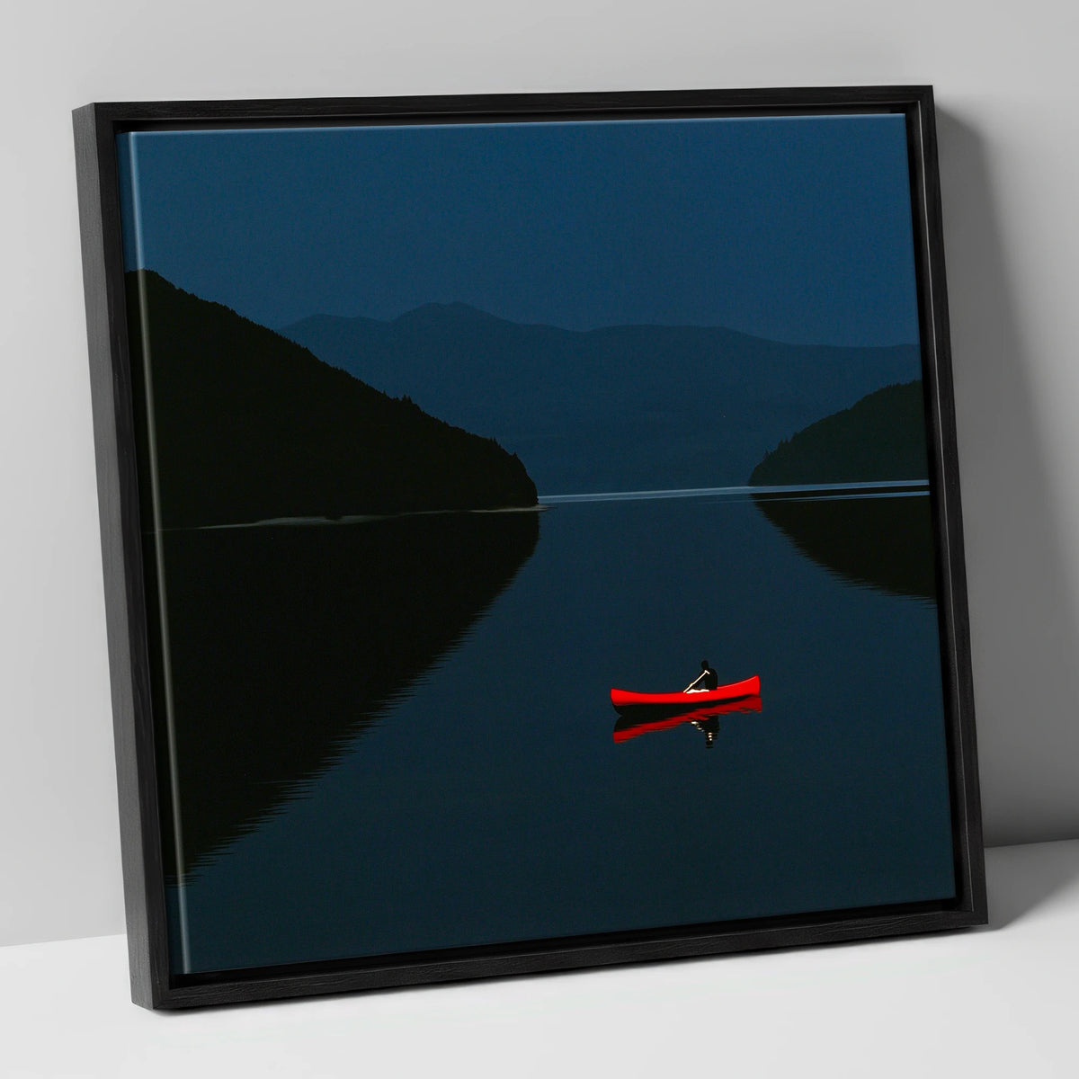 Red Kayak on Twilight Lake lake district walking canvas wall art in black frame