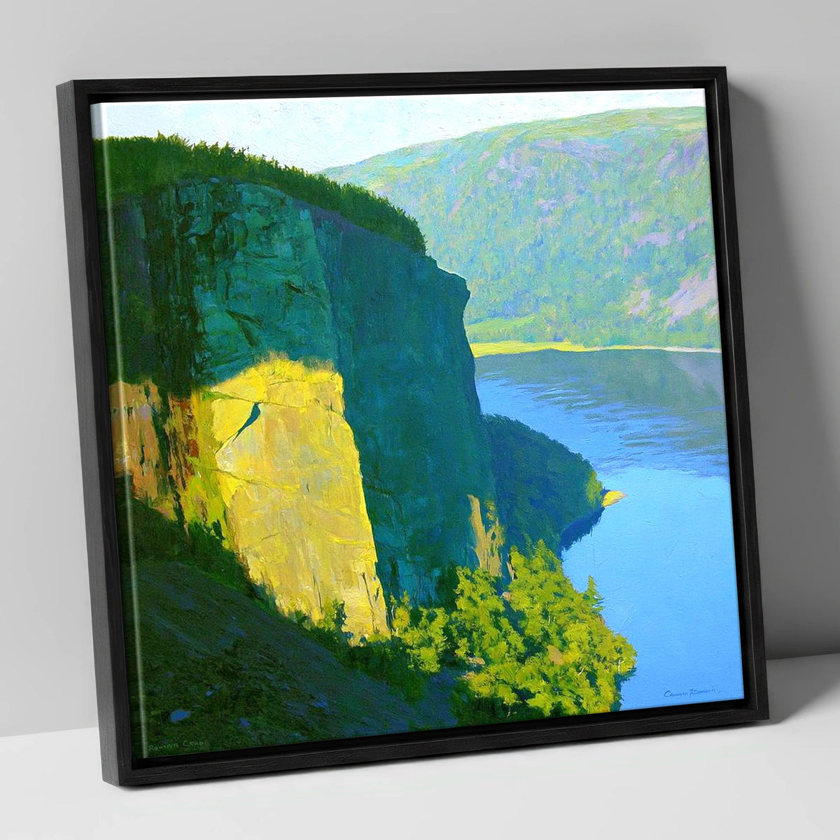 Luminous Sunlight on Raven Crag lake district fell canvas wall art in black frame