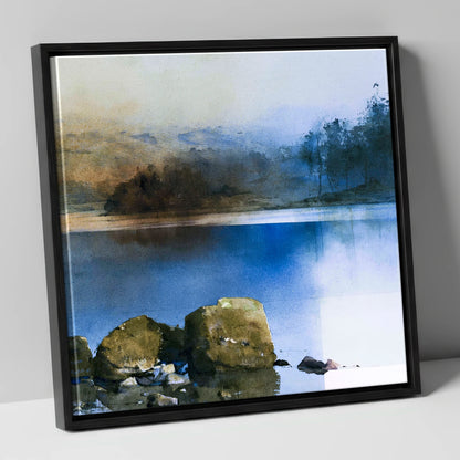 Mossy Boulders of Rydal Water lake district lake canvas wall art in black frame