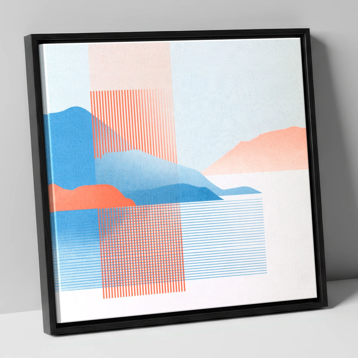 Derwentwater Fells Coral and Blue lake district lake canvas wall art in black frame