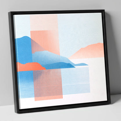 Derwentwater Fells Coral and Blue lake district lake canvas wall art in black frame