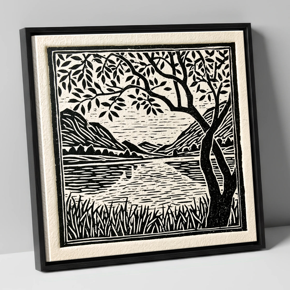 Still Dawn Lake in Monochrome lake district lake canvas wall art in black frame