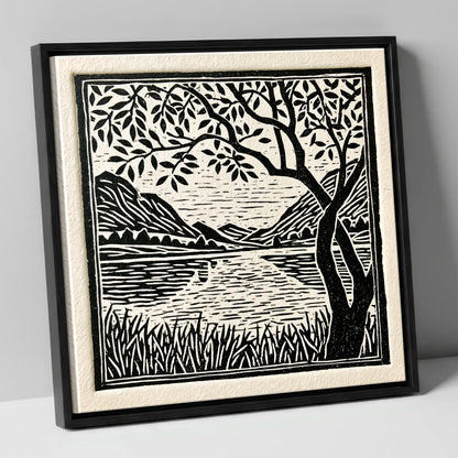 Still Dawn Lake in Monochrome lake district lake canvas wall art in black frame