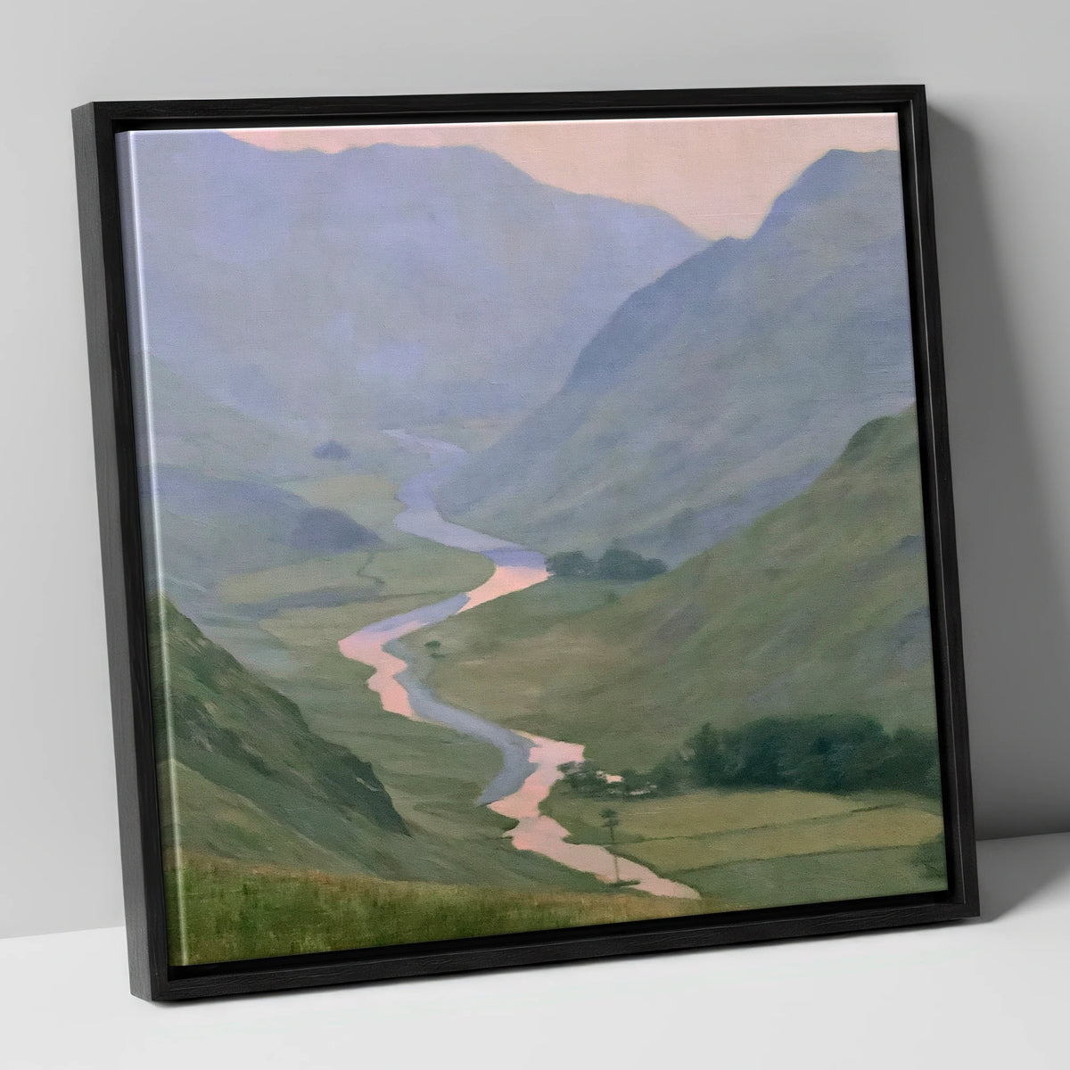 Winding River Valley at Dusk lake district waterfall canvas wall art in black frame