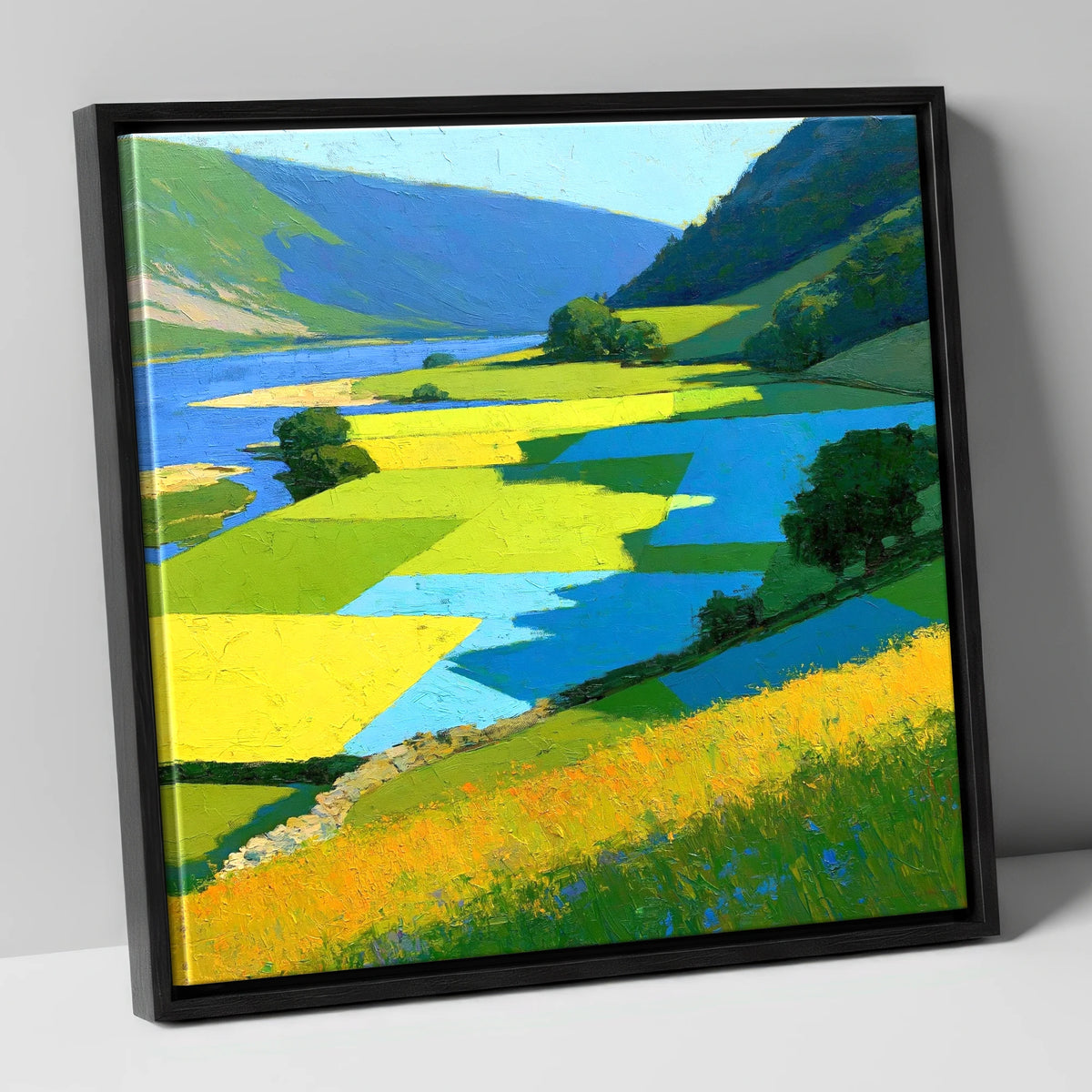 Sunlit Valley Pastures and Blue Shadows lake district valley canvas wall art in black frame