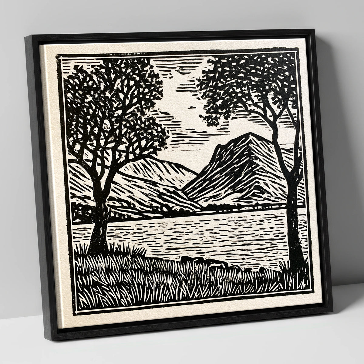 Monochrome Crummock Water Fells lake district lake canvas wall art in black frame