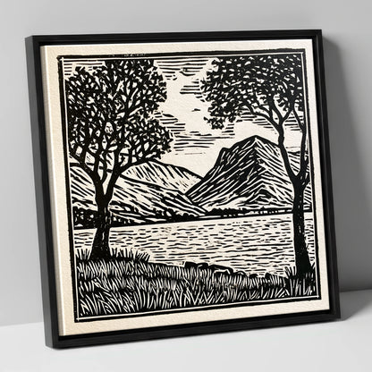 Monochrome Crummock Water Fells lake district lake canvas wall art in black frame