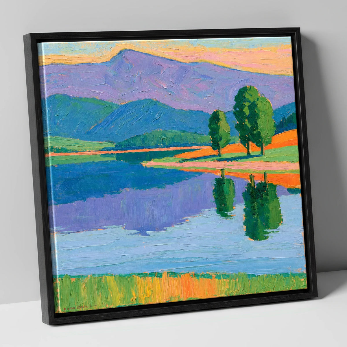 Calm Lake Under Violet Fells lake district lake canvas wall art in black frame