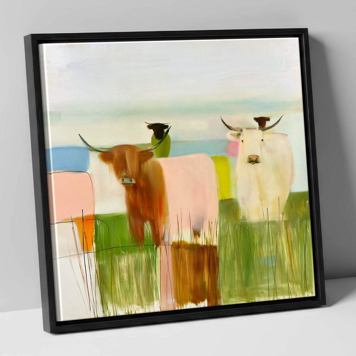 Highland Cattle in Abstract Pastels lake district wildlife canvas wall art in black frame