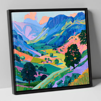 Vibrant Valley Between Blue Fells lake district valley canvas wall art in black frame