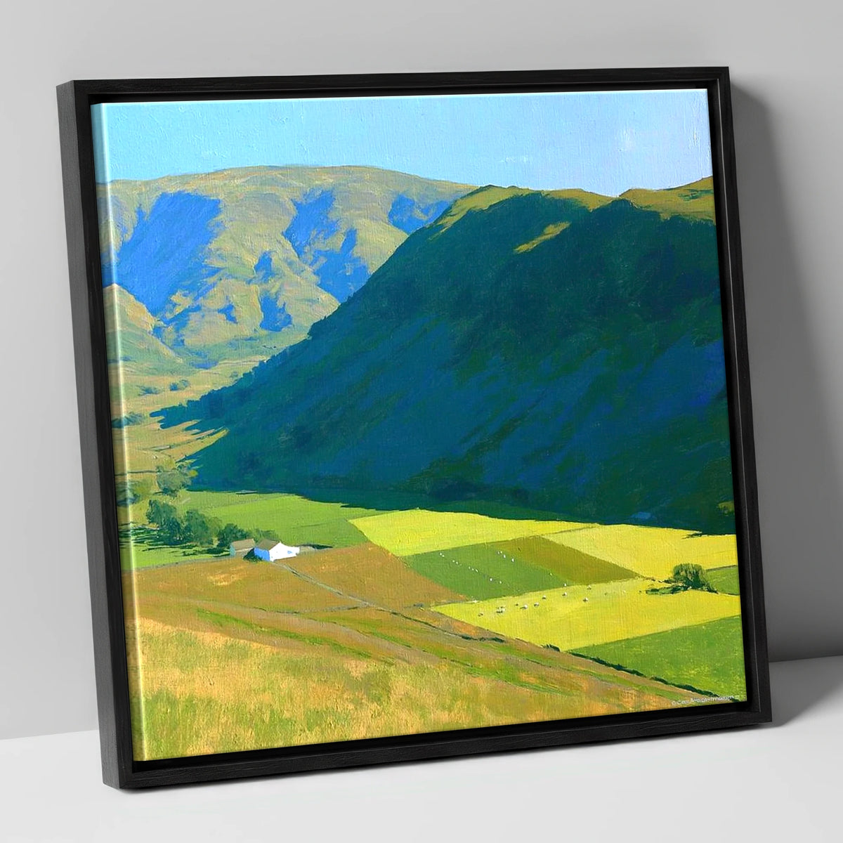 Sunlit Fields Below Steel Knotts lake district fell canvas wall art in black frame