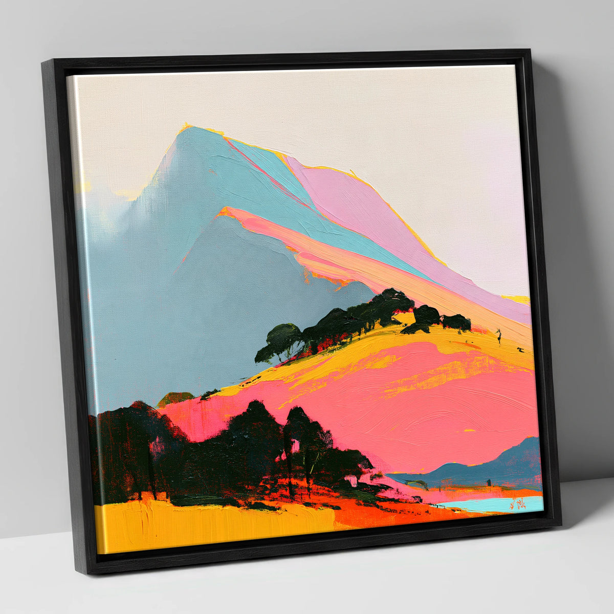 Vibrant Pink Mountain Ridge lake district fell canvas wall art in black frame