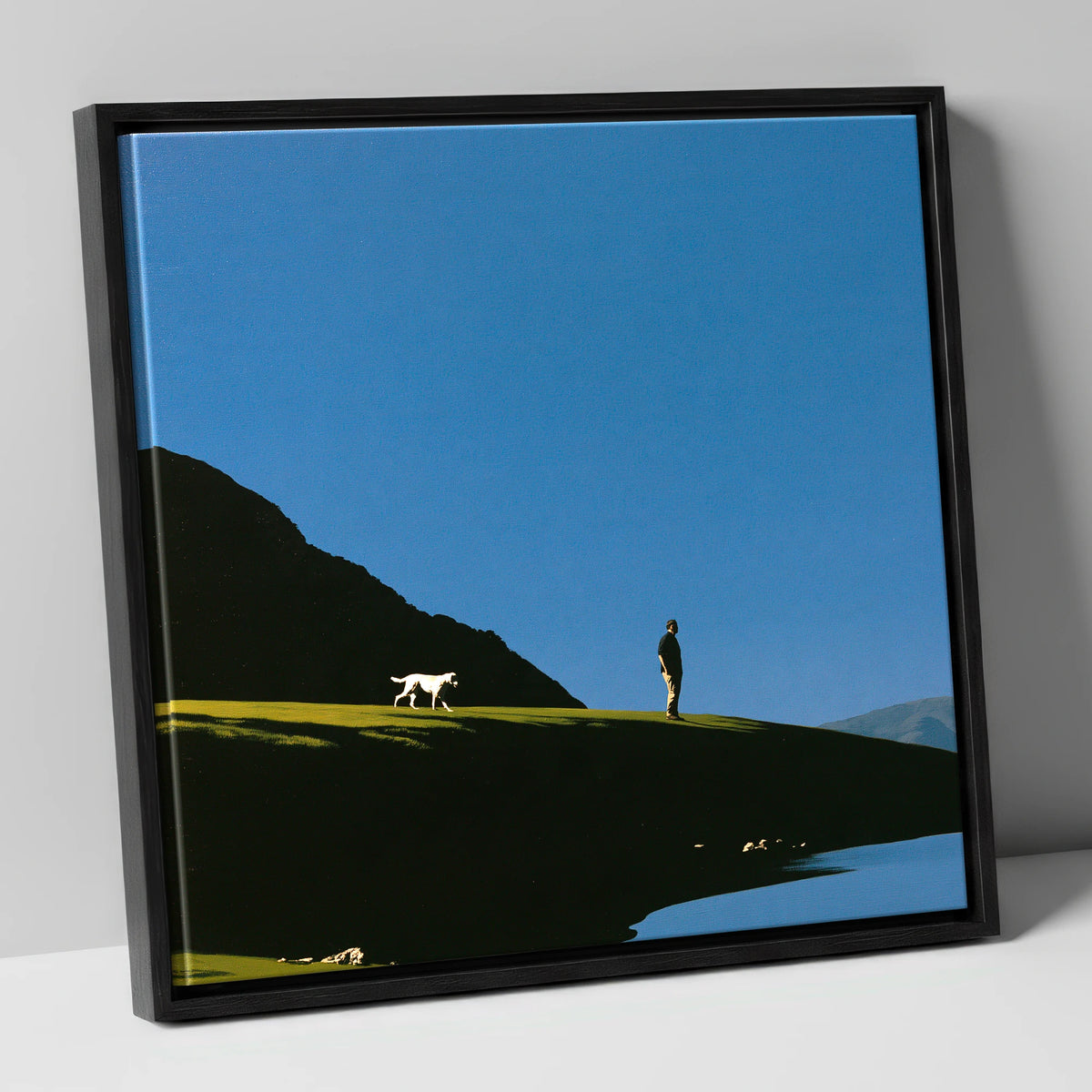 Silhouetted Glenridding Walker and Dog gifts for dog walkers canvas wall art in black frame