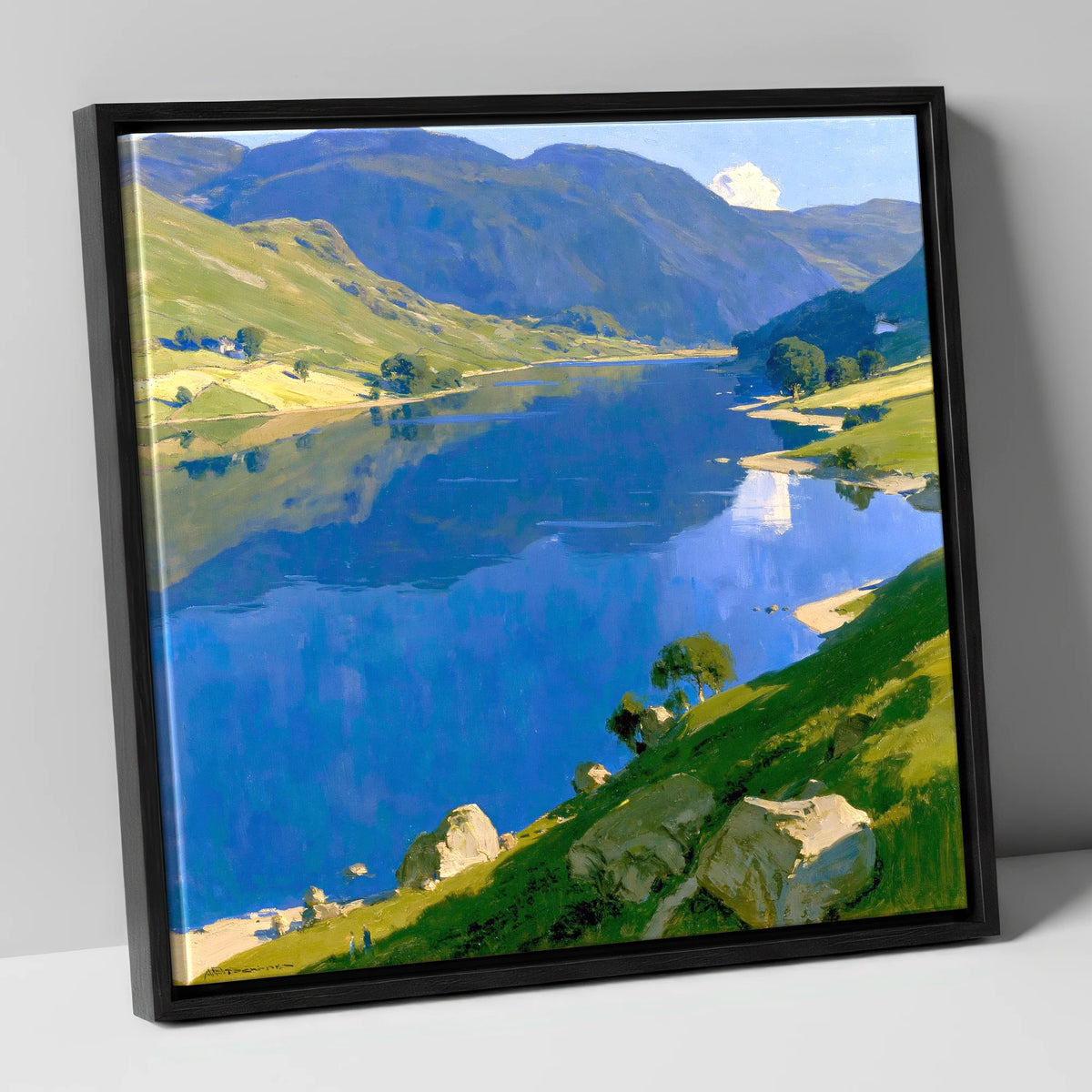 Blue Lake and Sunlit Fells lake district lake canvas wall art in black frame