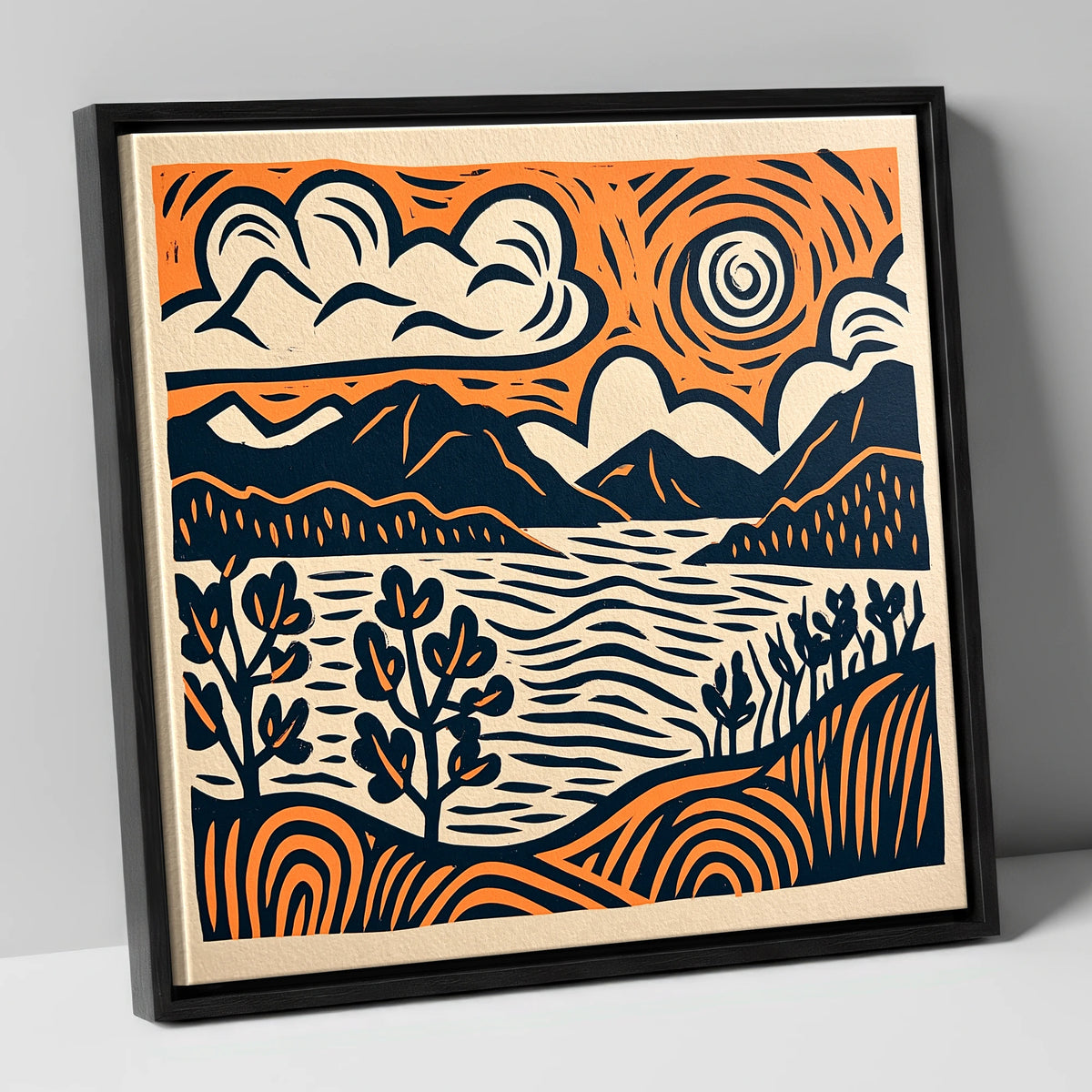 Windermere in Navy and Terracotta lake district lake canvas wall art in black frame